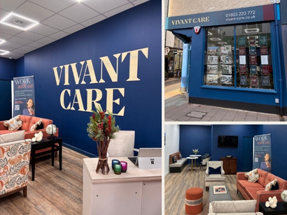 Interior and exterior views of Vivant Care information suite. The interior features a modern lounge area with blue walls, large 'VIVANT CARE' lettering, comfortable seating, and decorative plants.