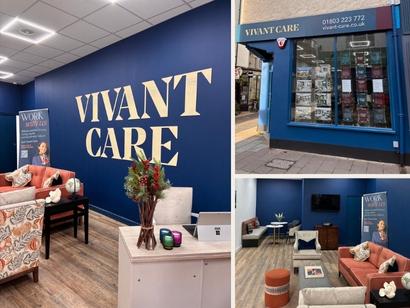 Interior and exterior views of Vivant Care information suite. The interior features a modern lounge area with blue walls, large 'VIVANT CARE' lettering, comfortable seating, and decorative plants.